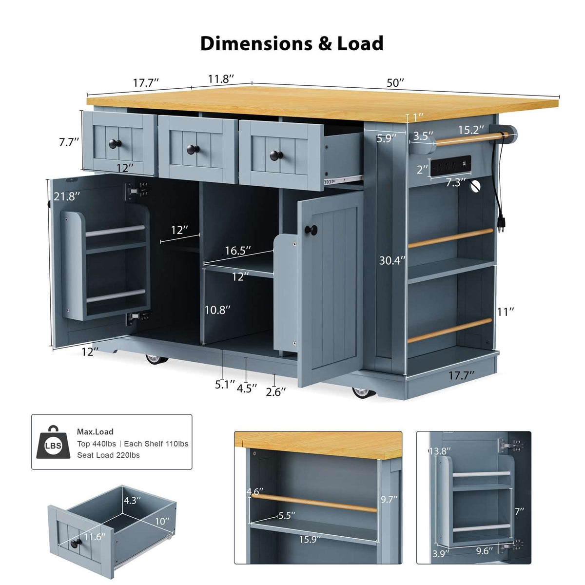 Runesay Gray Mdf Base with Mdf Wood Top Rolling Kitchen Island (29.52-in x 53.14-in x 36.4-in)