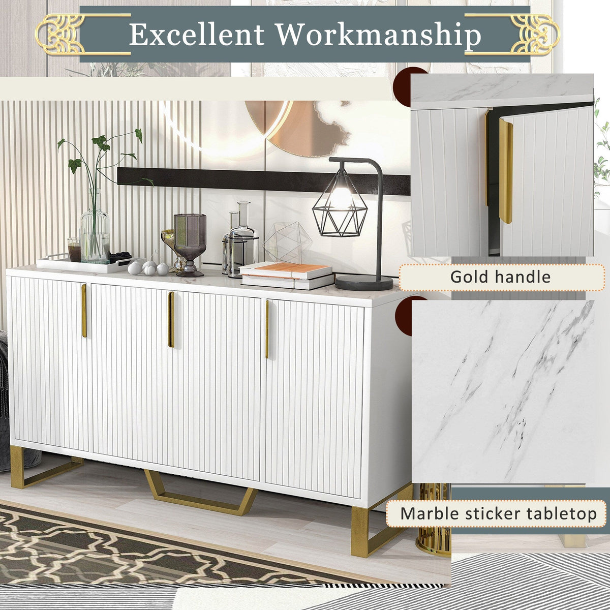 JIMSMAISON The pinstripe design on the door panel is elegant and understated, and the gold metal legs reflect the texture, the design of this cabinet combines the features of modern simplicity and light luxury