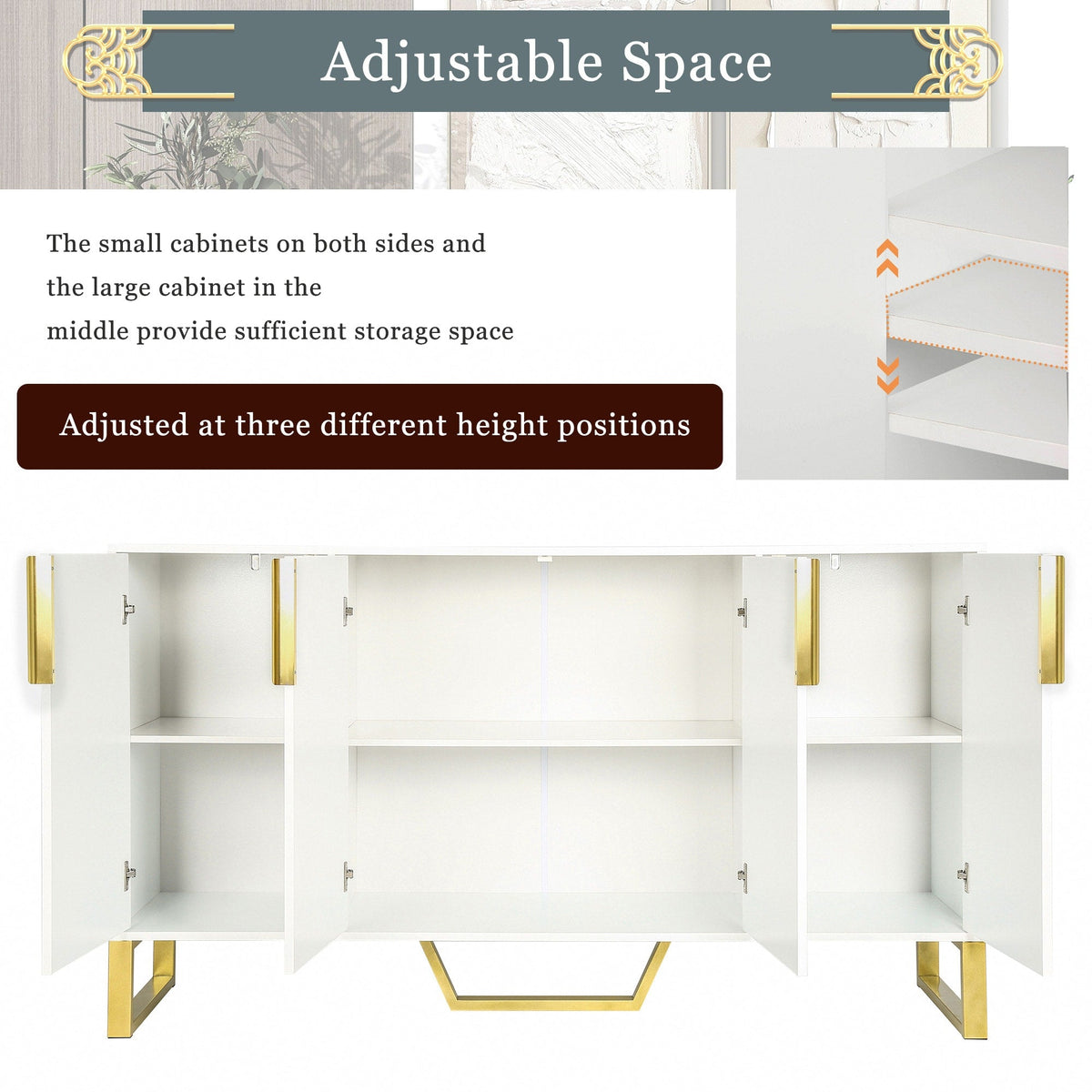 JIMSMAISON The pinstripe design on the door panel is elegant and understated, and the gold metal legs reflect the texture, the design of this cabinet combines the features of modern simplicity and light luxury