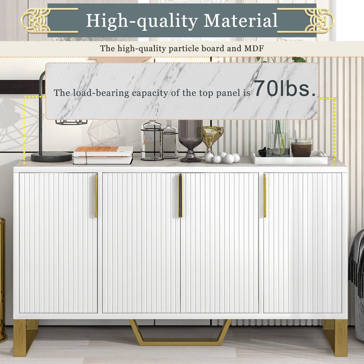 JIMSMAISON The pinstripe design on the door panel is elegant and understated, and the gold metal legs reflect the texture, the design of this cabinet combines the features of modern simplicity and light luxury
