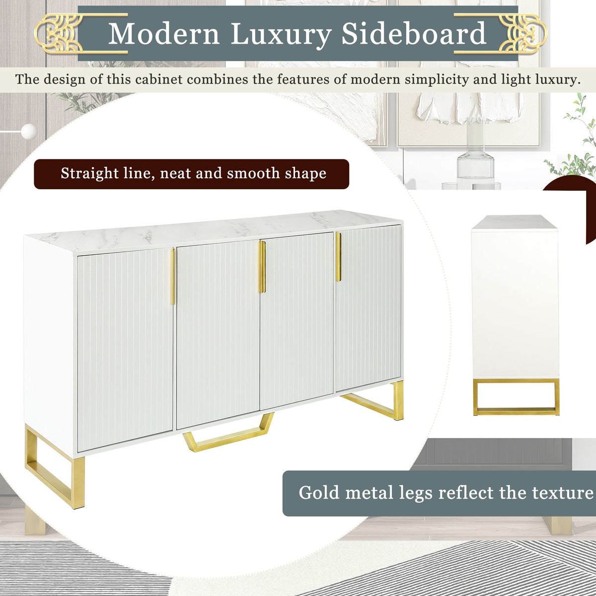 JIMSMAISON The pinstripe design on the door panel is elegant and understated, and the gold metal legs reflect the texture, the design of this cabinet combines the features of modern simplicity and light luxury