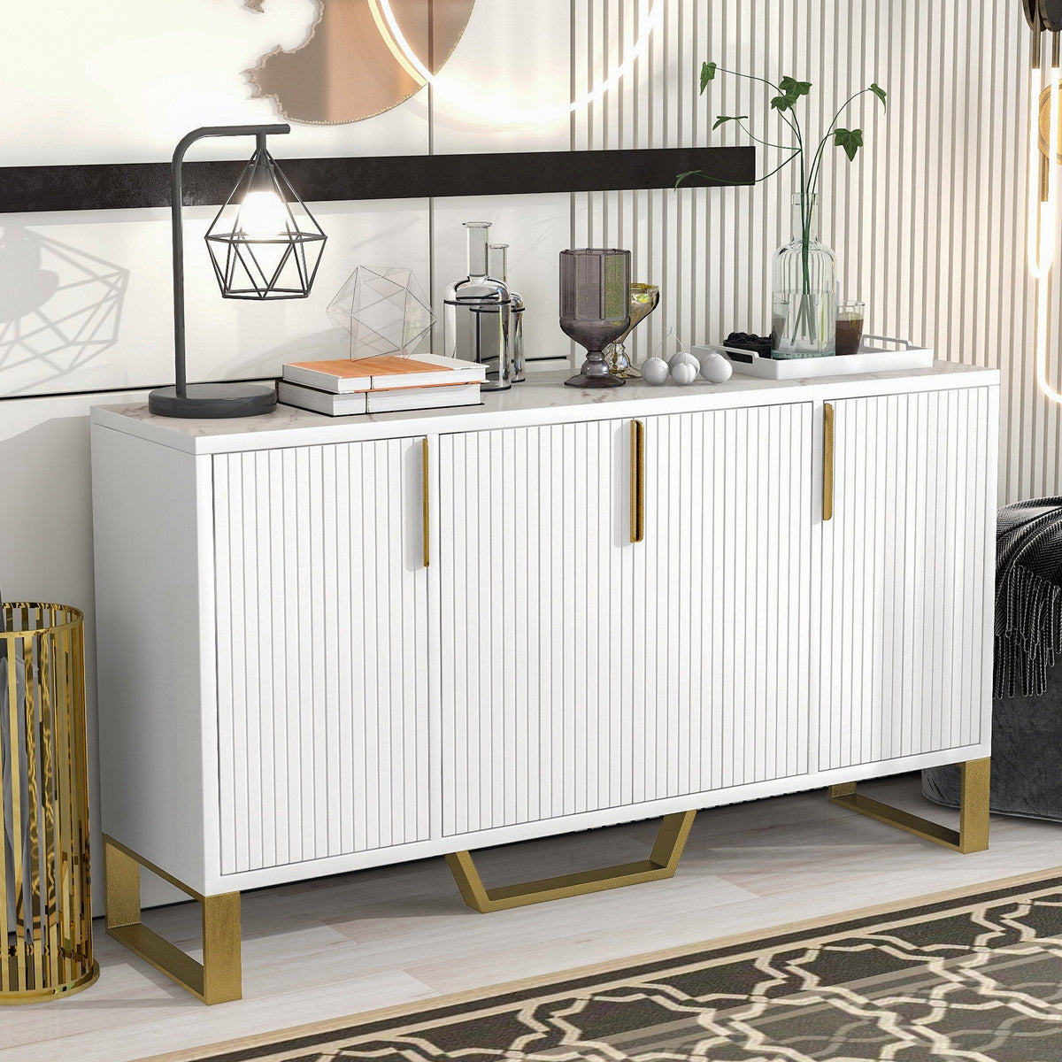 JIMSMAISON The pinstripe design on the door panel is elegant and understated, and the gold metal legs reflect the texture, the design of this cabinet combines the features of modern simplicity and light luxury