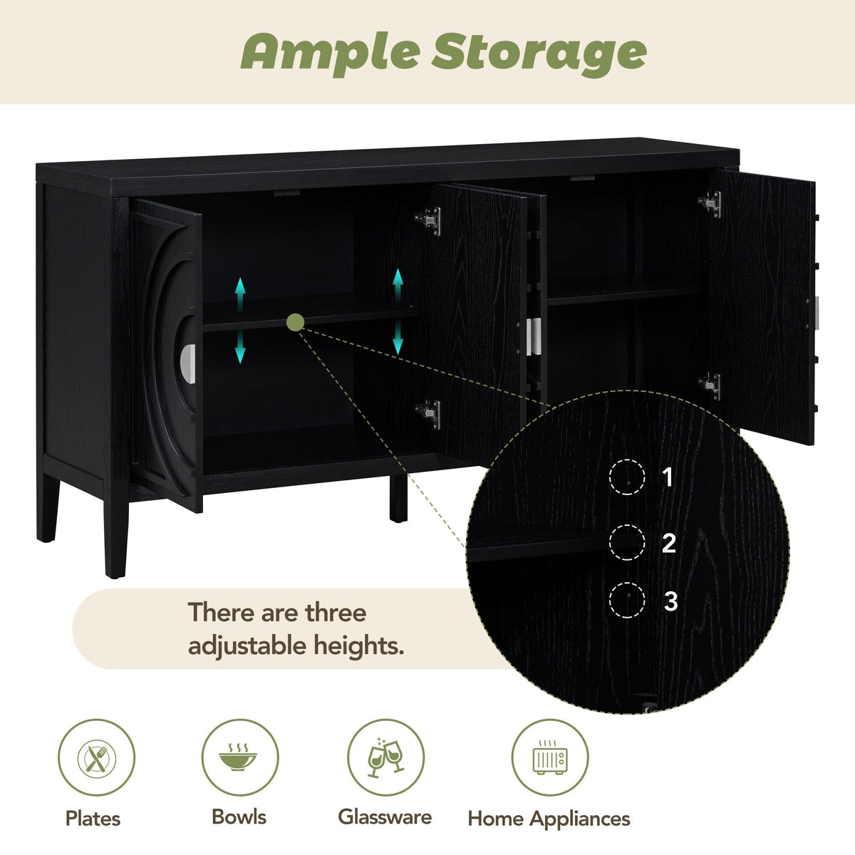 JIMSMAISON This retro sideboard has four doors with rounded lines on the doors to create a three-dimensional look, the country-style cabinet adds a warm atmosphere to your home