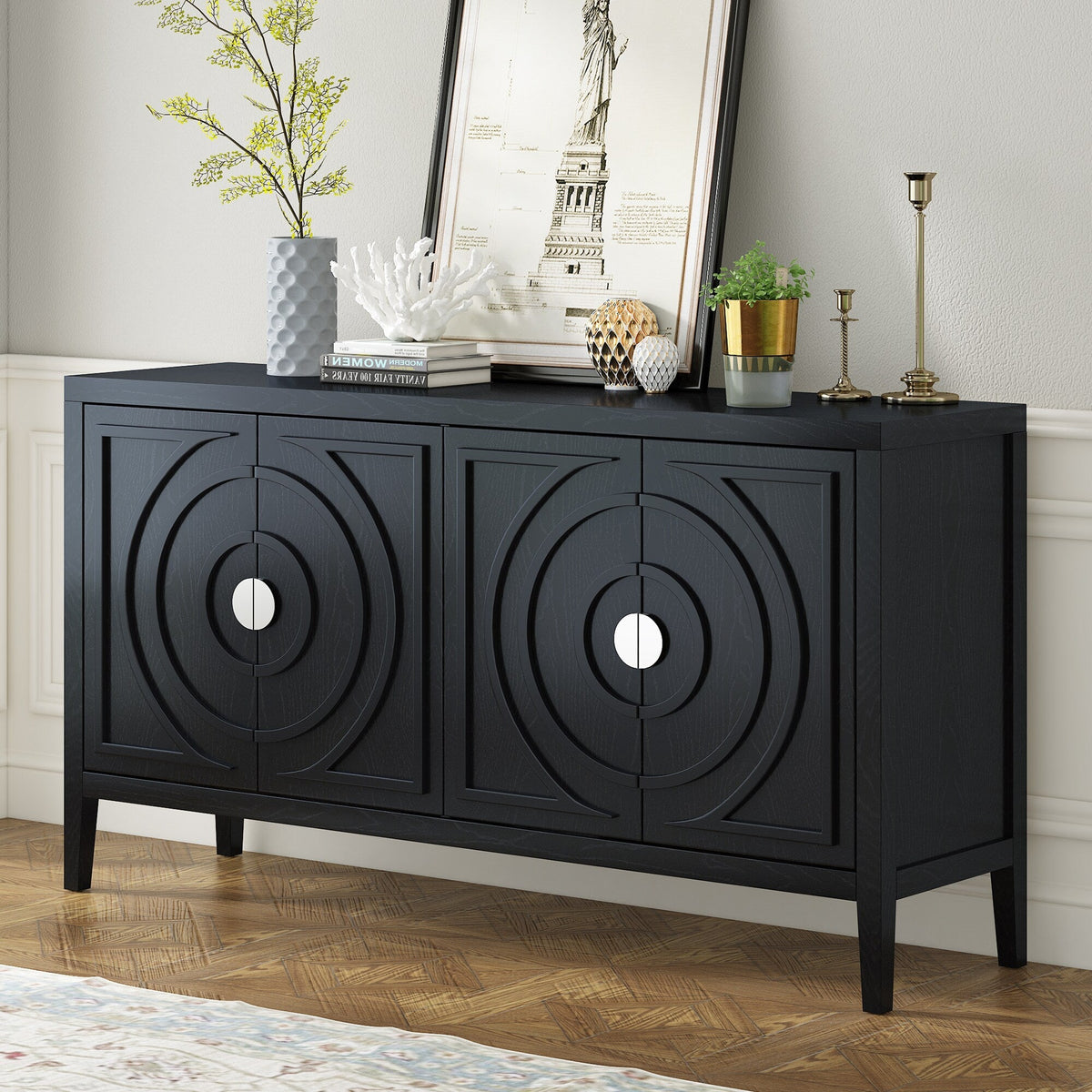 JIMSMAISON This retro sideboard has four doors with rounded lines on the doors to create a three-dimensional look, the country-style cabinet adds a warm atmosphere to your home