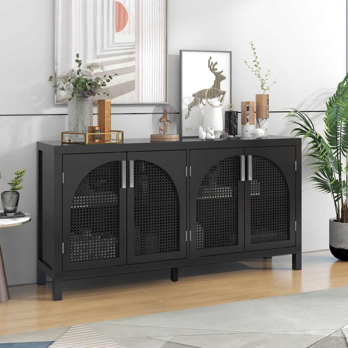 JIMSMAISON The 4-door cabinet with special-shape artificial rattan door panels, convenient metal handles, and a straight-line frame, is an ideal choice for any room in your home