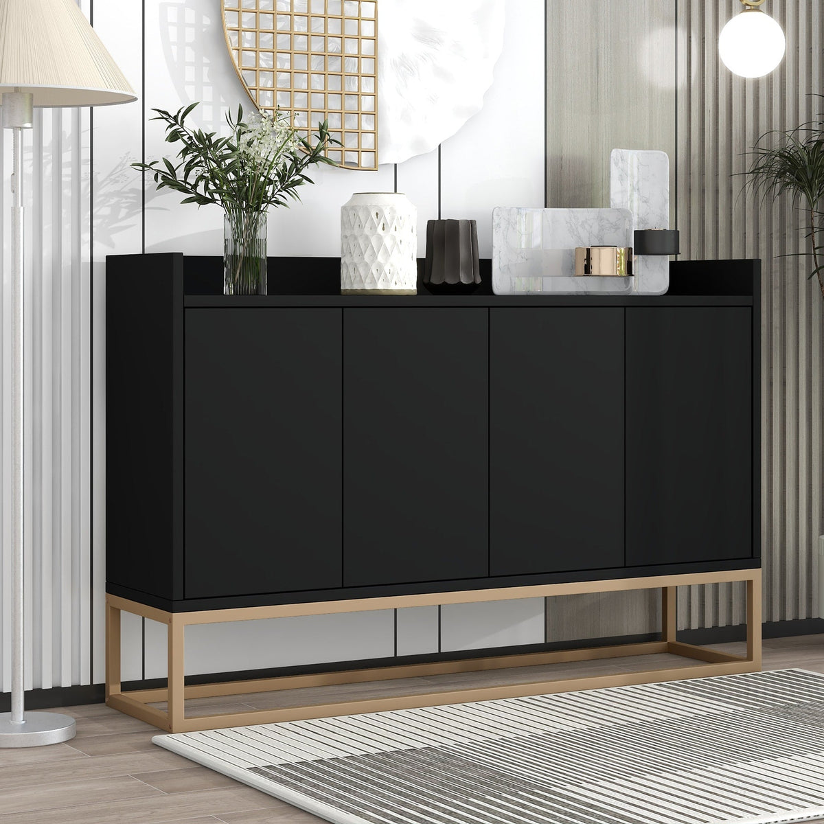 JIMSMAISON This sideboard buffet cabinet features a black cabinet body with gold metal legs, compact look is very suitable for small space.