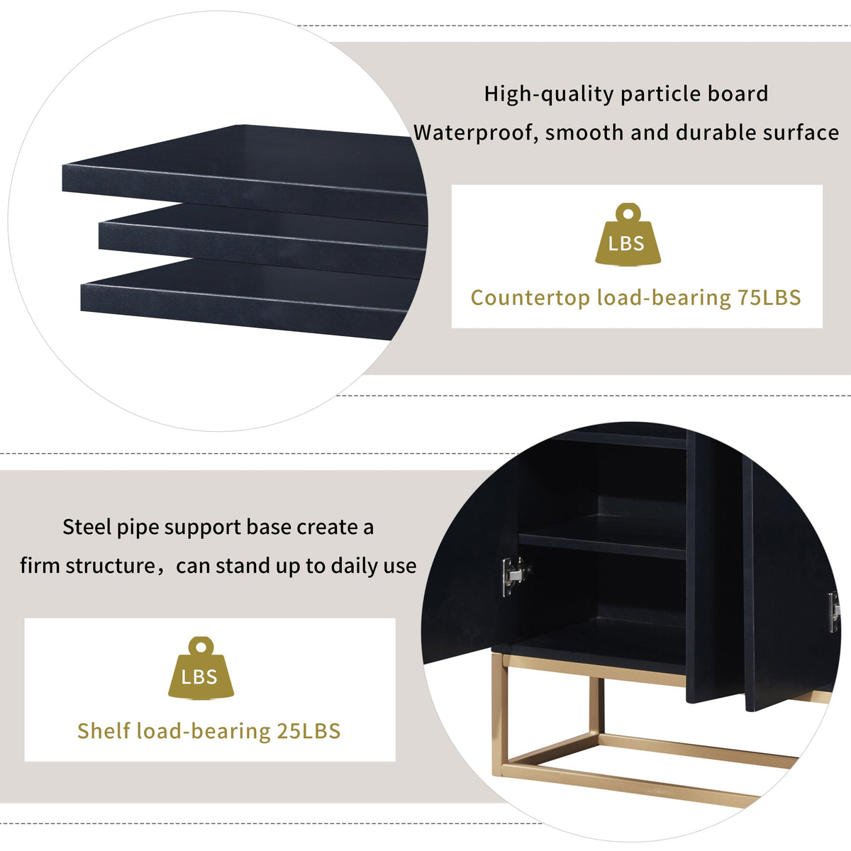 JIMSMAISON This sideboard buffet cabinet features a black cabinet body with gold metal legs, compact look is very suitable for small space.