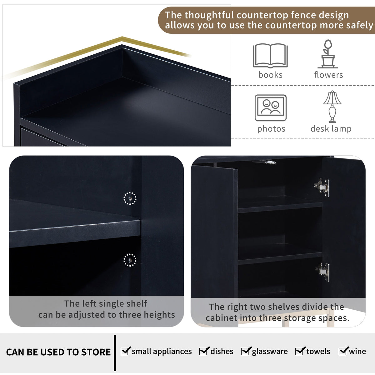 JIMSMAISON This sideboard buffet cabinet features a black cabinet body with gold metal legs, compact look is very suitable for small space.