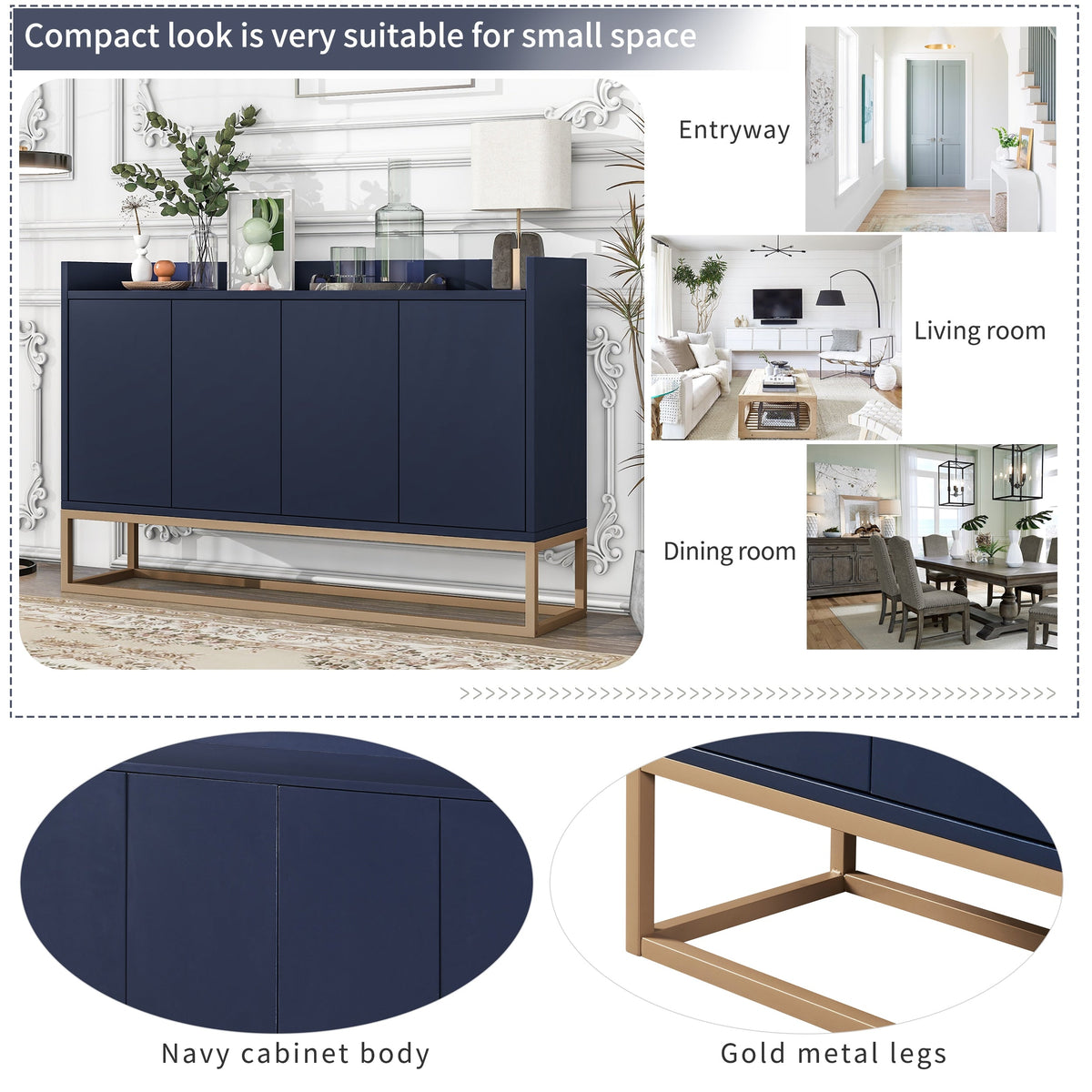 JIMSMAISON This sideboard buffet cabinet features a navy cabinet body with gold metal legs, compact look is very suitable for small space