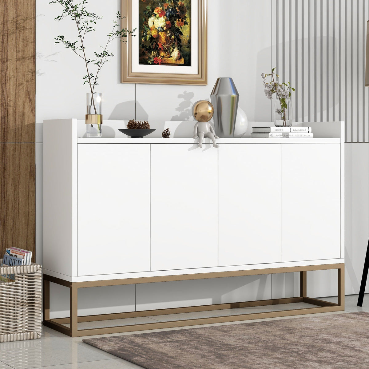 JIMSMAISON This sideboard buffet cabinet features a white cabinet body with gold metal legs, compact look is very suitable for small spaces