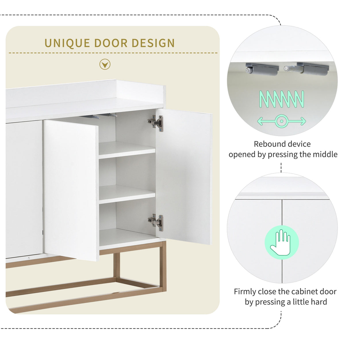 JIMSMAISON This sideboard buffet cabinet features a white cabinet body with gold metal legs, compact look is very suitable for small spaces