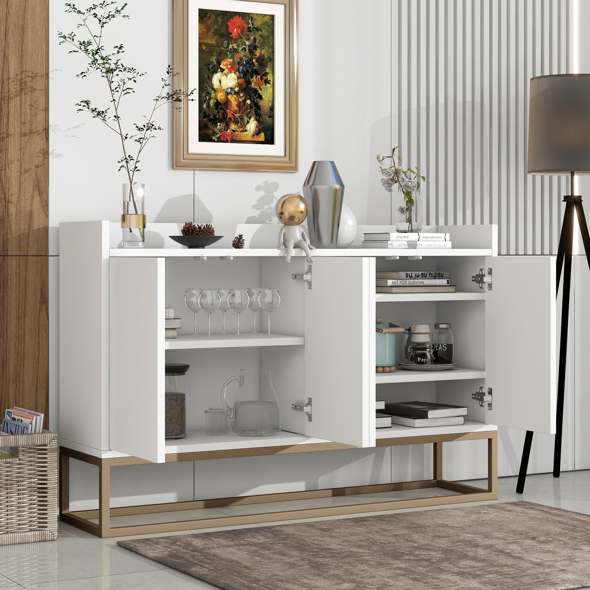 JIMSMAISON This sideboard buffet cabinet features a white cabinet body with gold metal legs, compact look is very suitable for small spaces