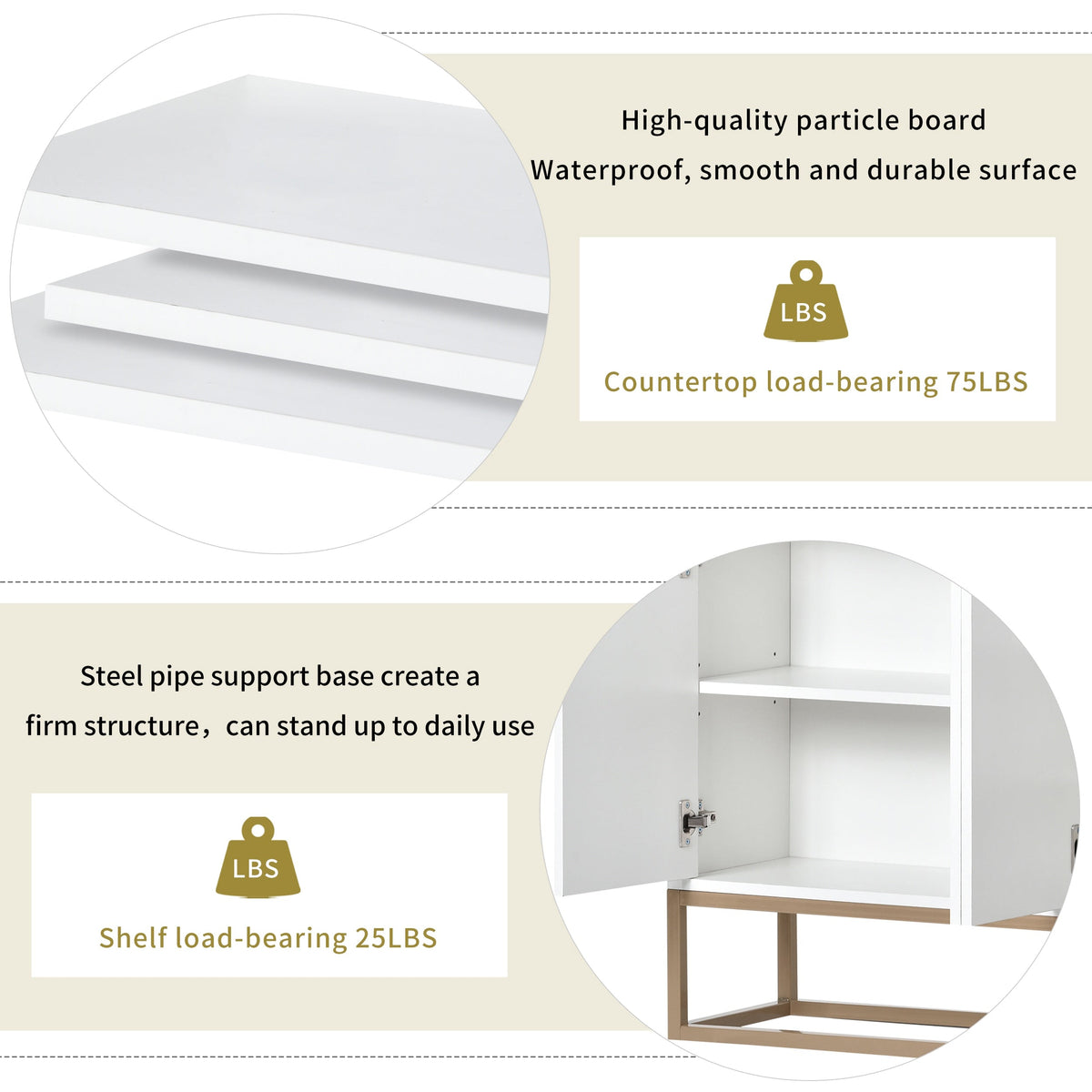 JIMSMAISON This sideboard buffet cabinet features a white cabinet body with gold metal legs, compact look is very suitable for small spaces