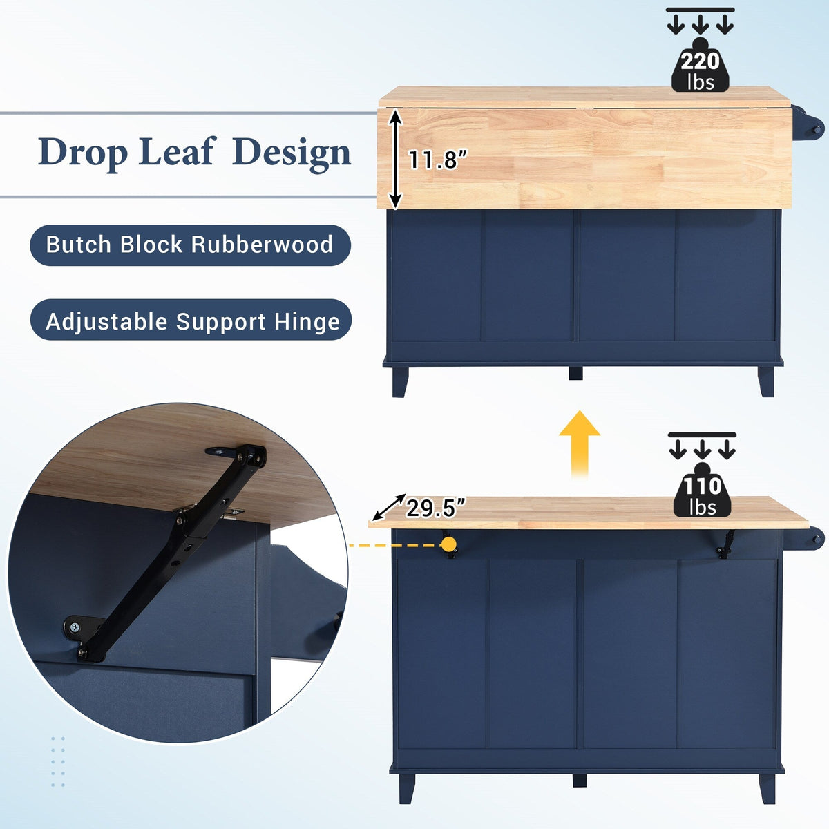 BABOOM Blue Wood Base with Wood Top Kitchen Island (29.5-in x 50.3-in x 36.6-in)