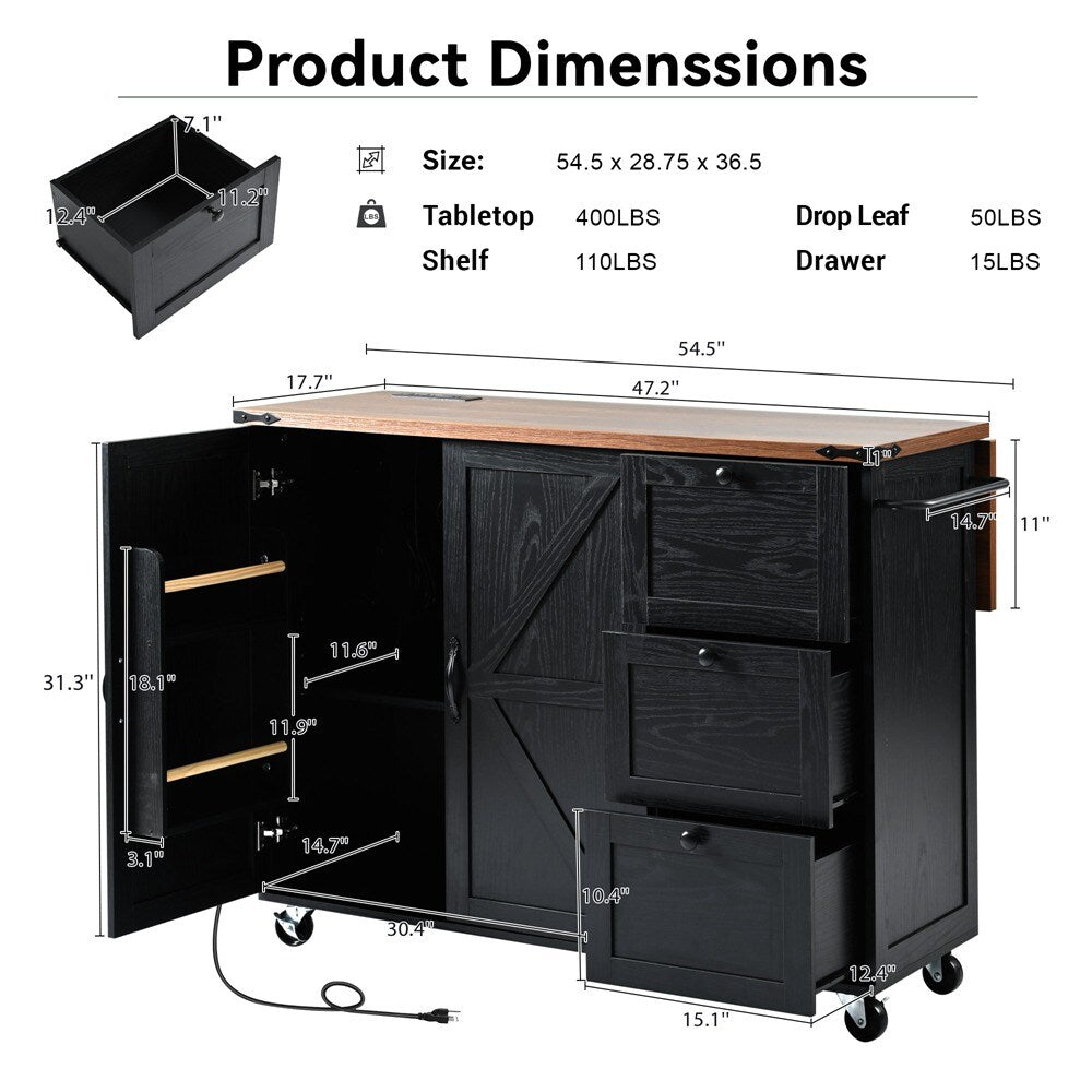 Runesay Black Mdf Base with Mdf Wood Top Rolling Kitchen Island (28.75-in x 54.5-in x 36.5-in)