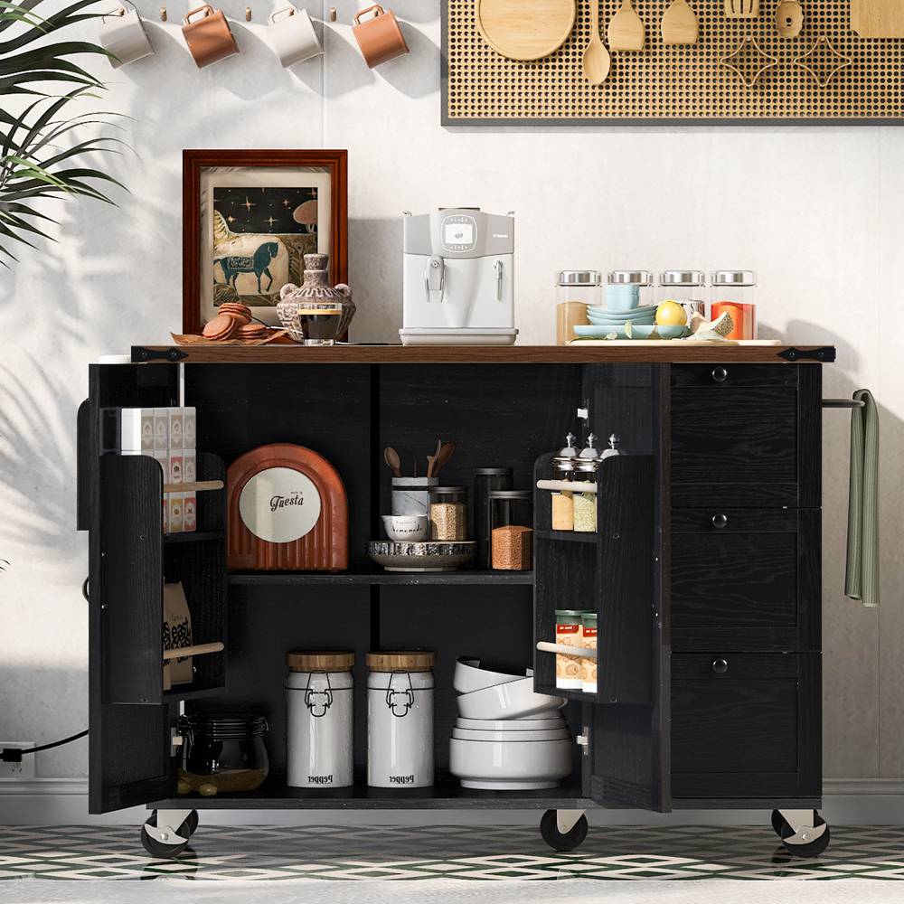 Runesay Black Mdf Base with Mdf Wood Top Rolling Kitchen Island (28.75-in x 54.5-in x 36.5-in)