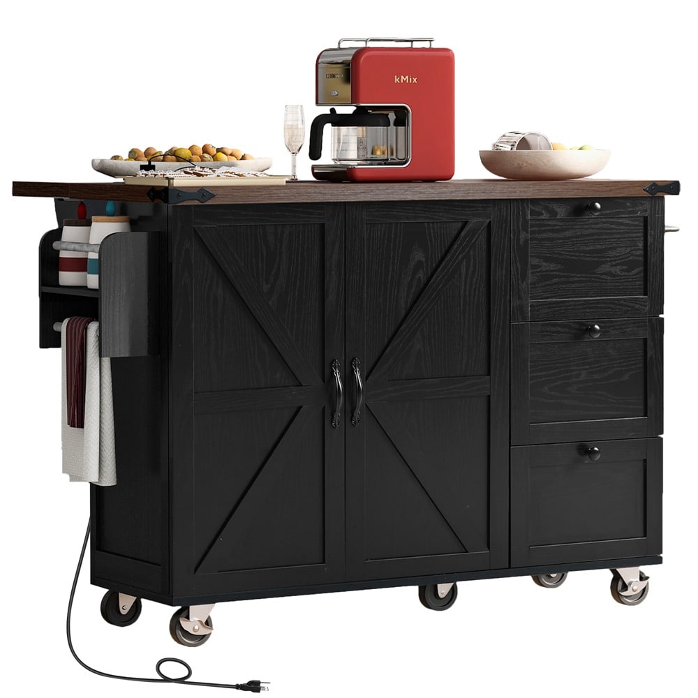 Runesay Black Mdf Base with Mdf Wood Top Rolling Kitchen Island (28.75-in x 54.5-in x 36.5-in)