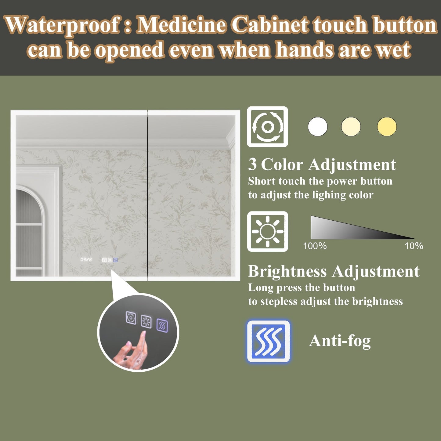 ExBrite Luvia 40-in x 30-in Lighted LED Fog Free Surface/Recessed Mount Silver Mirrored Soft Close Medicine Cabinet with Outlet