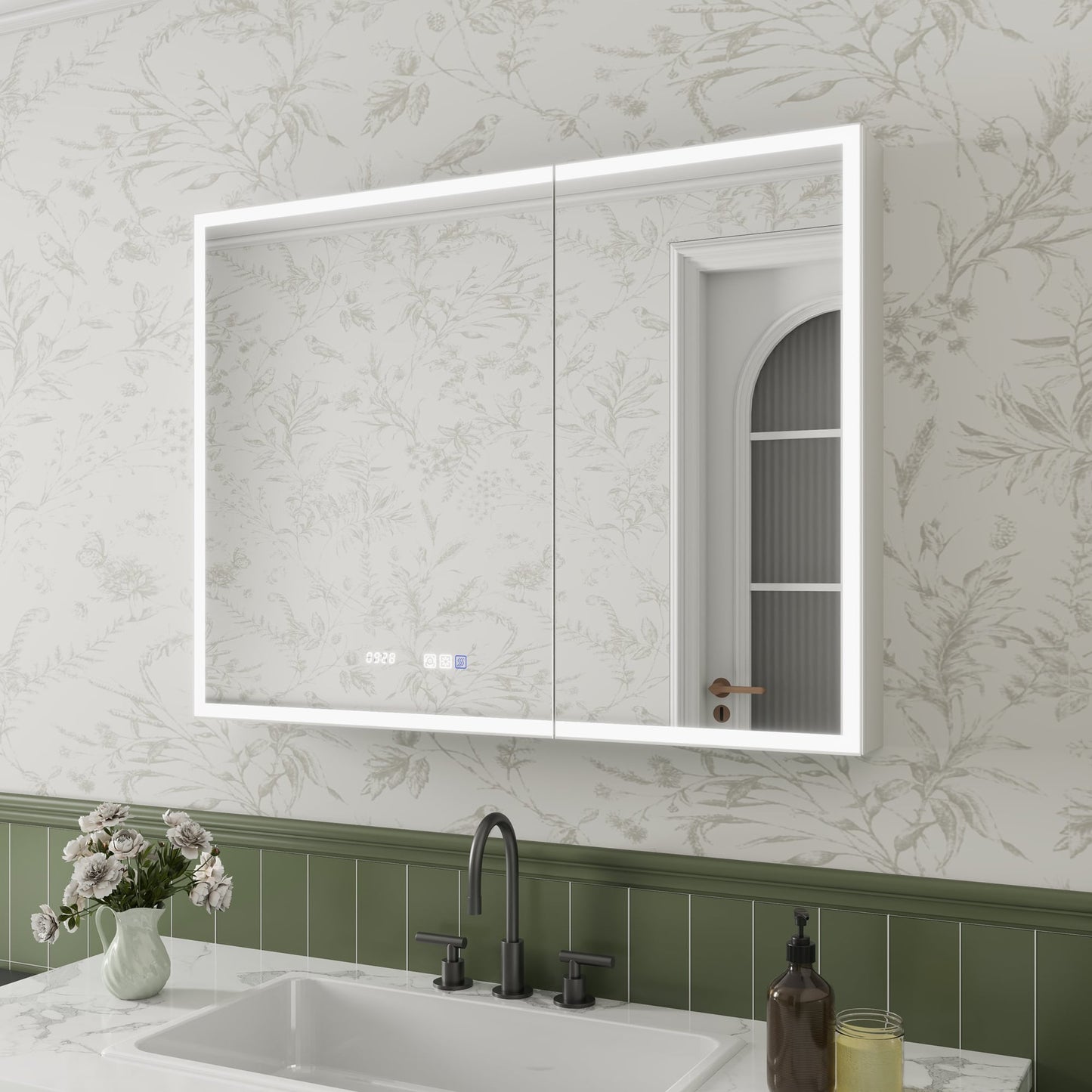 ExBrite Luvia 40-in x 30-in Lighted LED Fog Free Surface/Recessed Mount Silver Mirrored Soft Close Medicine Cabinet with Outlet