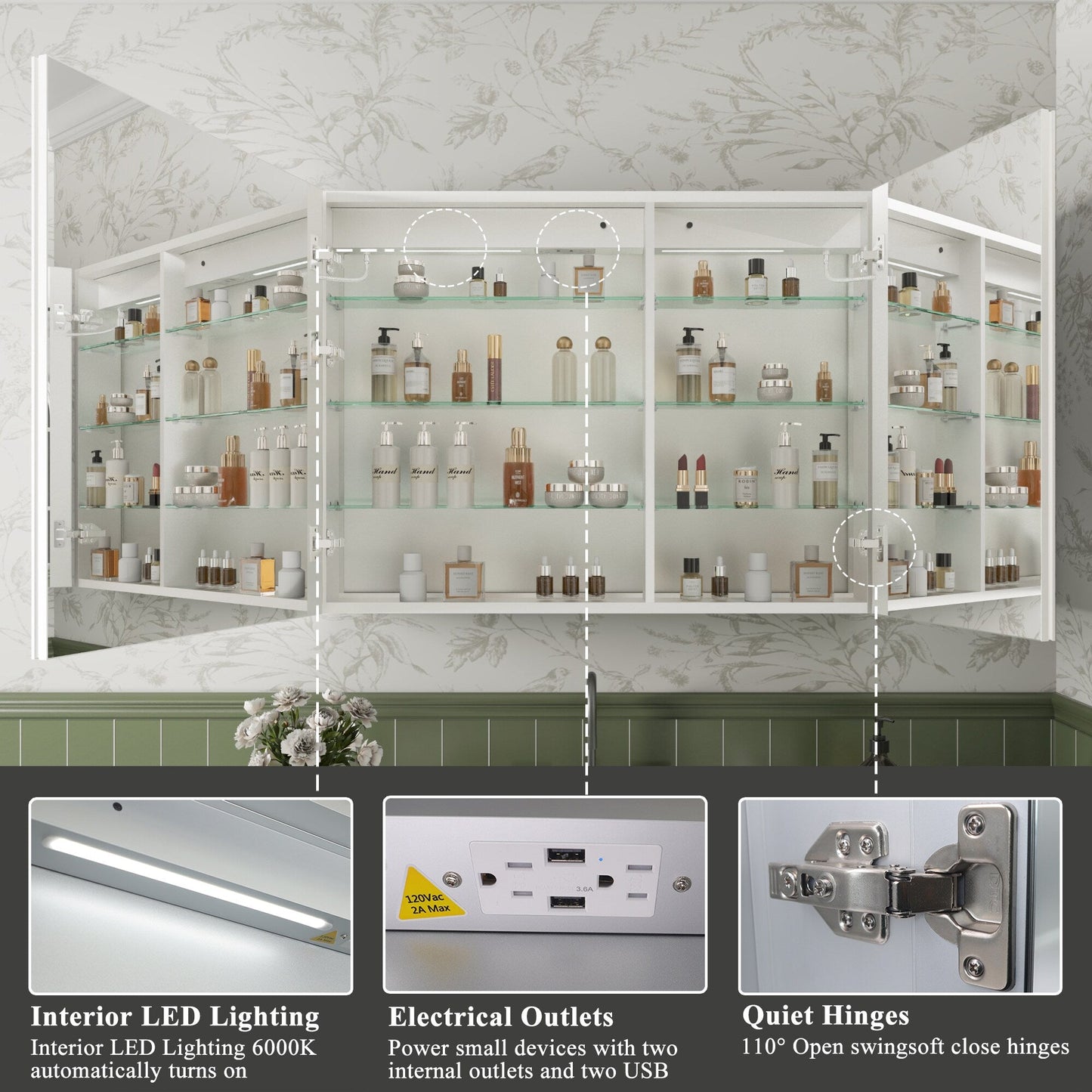 ExBrite Luvia 40-in x 30-in Lighted LED Fog Free Surface/Recessed Mount Silver Mirrored Soft Close Medicine Cabinet with Outlet
