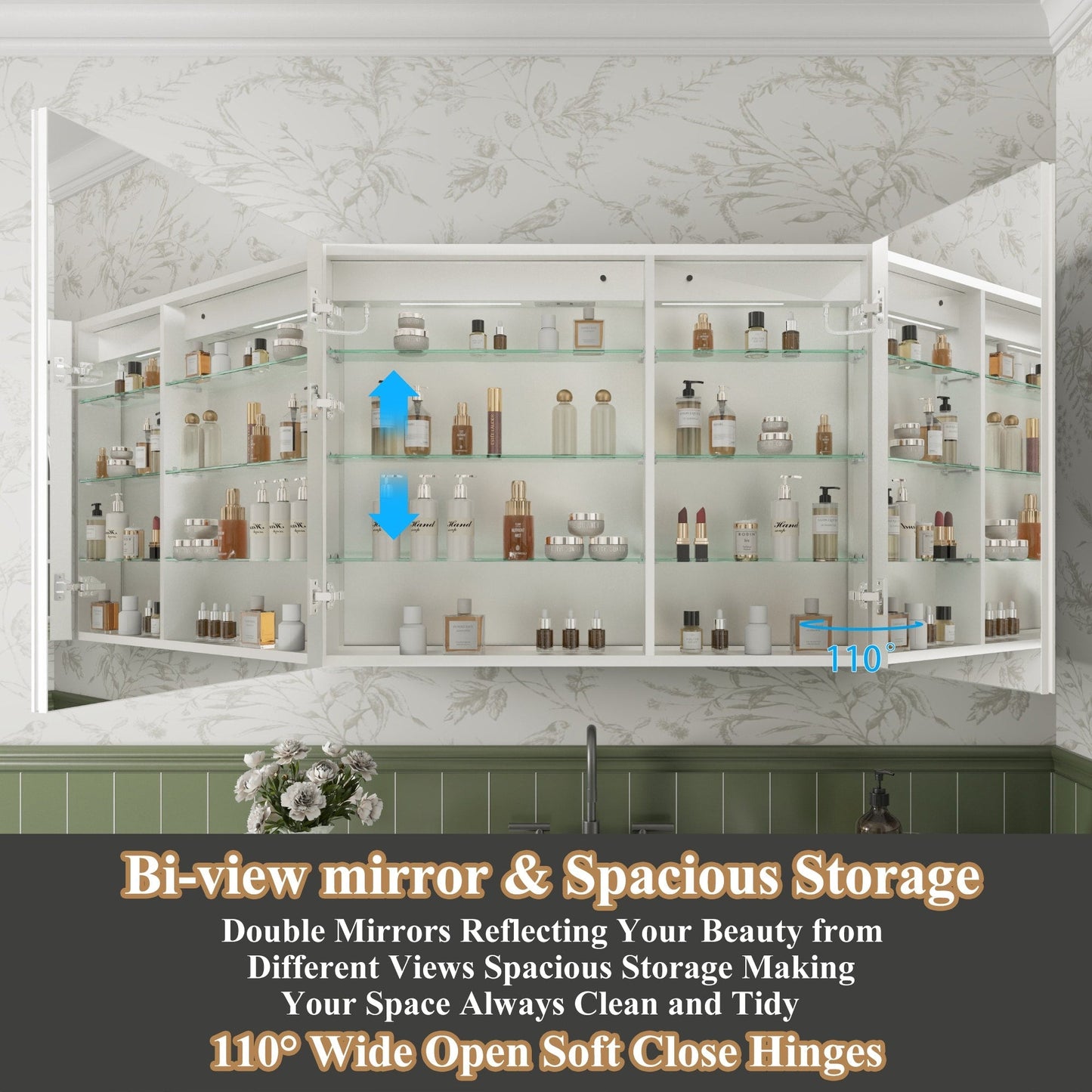 ExBrite Luvia 40-in x 30-in Lighted LED Fog Free Surface/Recessed Mount Silver Mirrored Soft Close Medicine Cabinet with Outlet