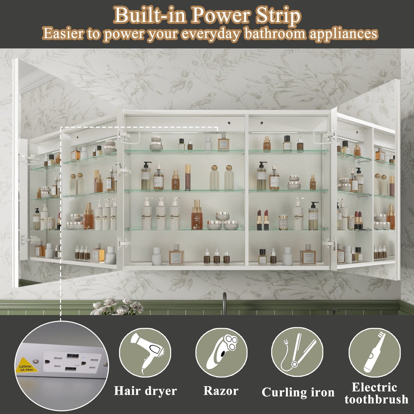 ExBrite Luvia 40-in x 30-in Lighted LED Fog Free Surface/Recessed Mount Silver Mirrored Soft Close Medicine Cabinet with Outlet
