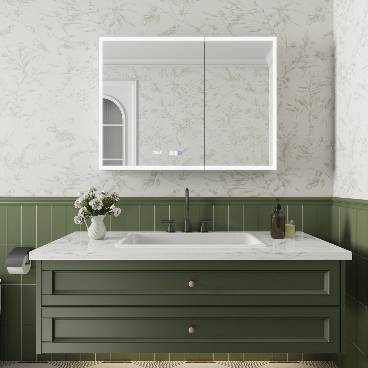 ExBrite Luvia 40-in x 30-in Lighted LED Fog Free Surface/Recessed Mount Silver Mirrored Soft Close Medicine Cabinet with Outlet