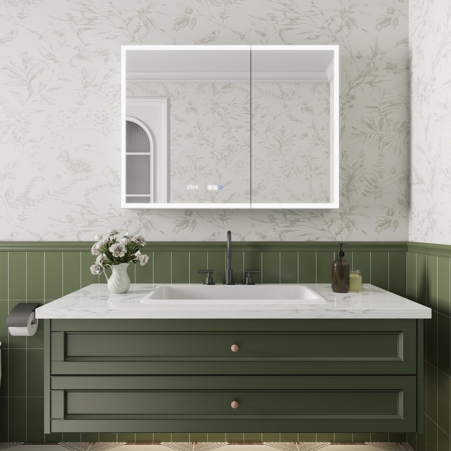 ExBrite Luvia 40-in x 30-in Lighted LED Fog Free Surface/Recessed Mount Silver Mirrored Soft Close Medicine Cabinet with Outlet