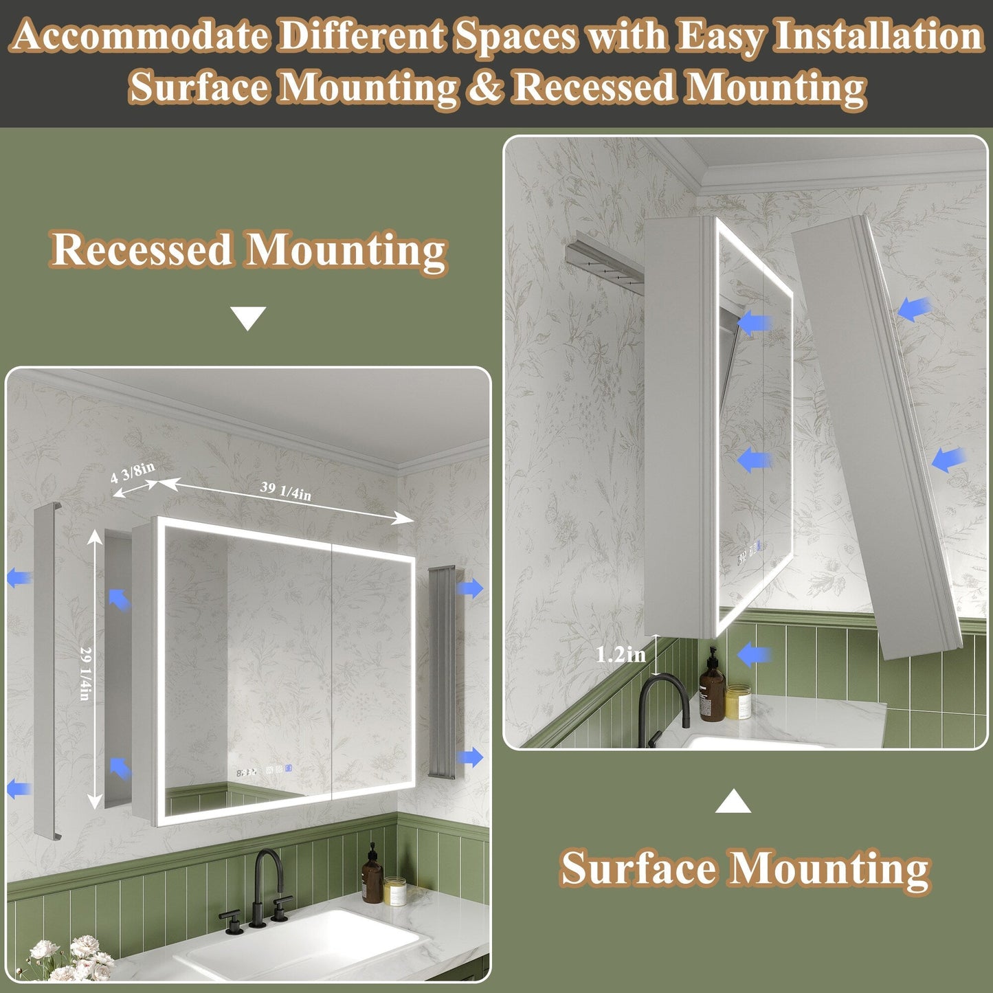 ExBrite Luvia 40-in x 30-in Lighted LED Fog Free Surface/Recessed Mount Silver Mirrored Soft Close Medicine Cabinet with Outlet