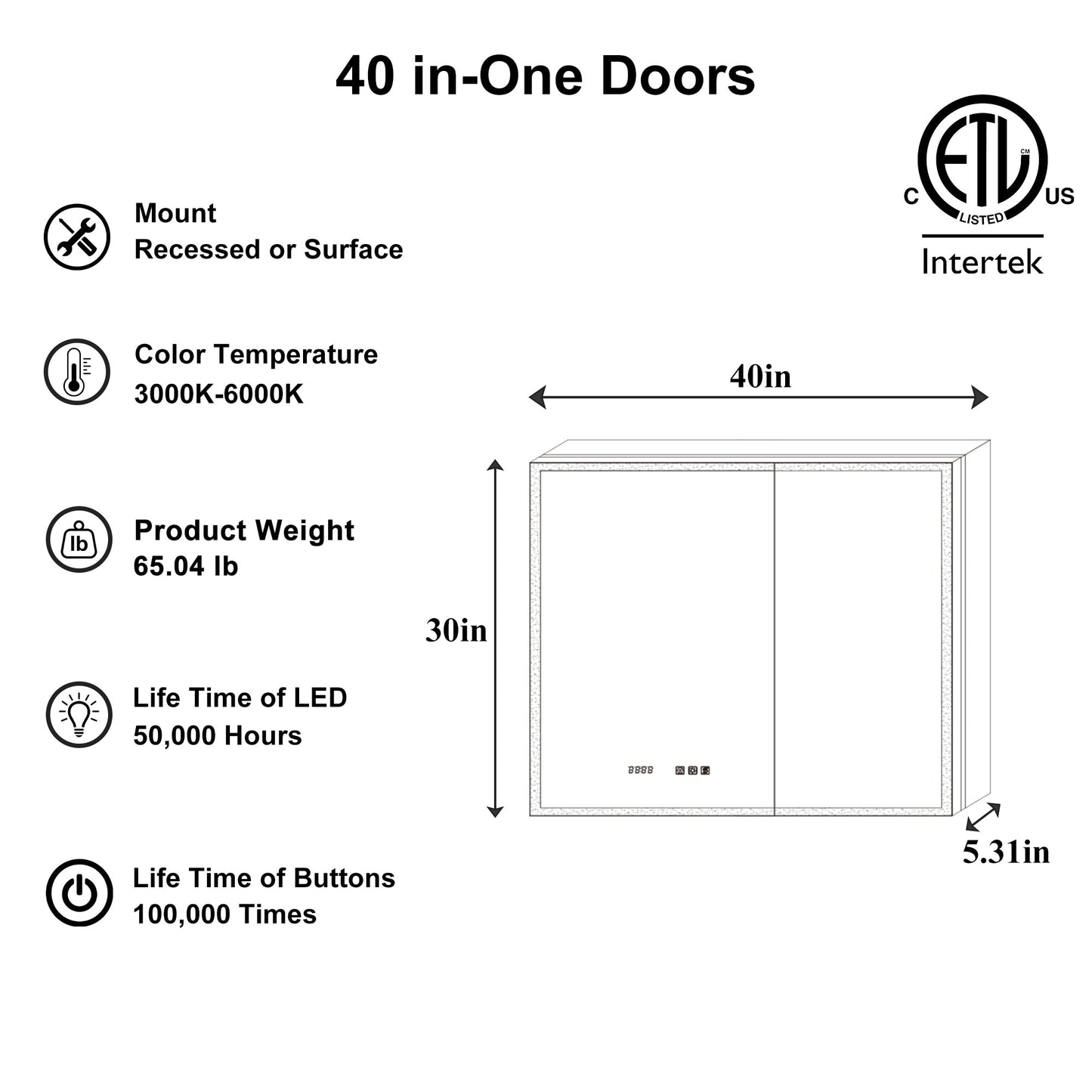 ExBrite Luvia 40-in x 30-in Lighted LED Fog Free Surface/Recessed Mount Silver Mirrored Soft Close Medicine Cabinet with Outlet