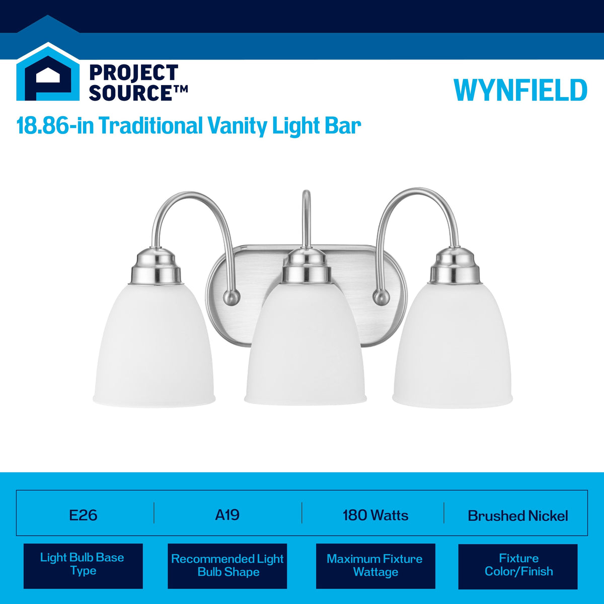 Project Source Wynfield 3-Light Brushed Nickel Traditional Vanity Light, 18.86-in Width