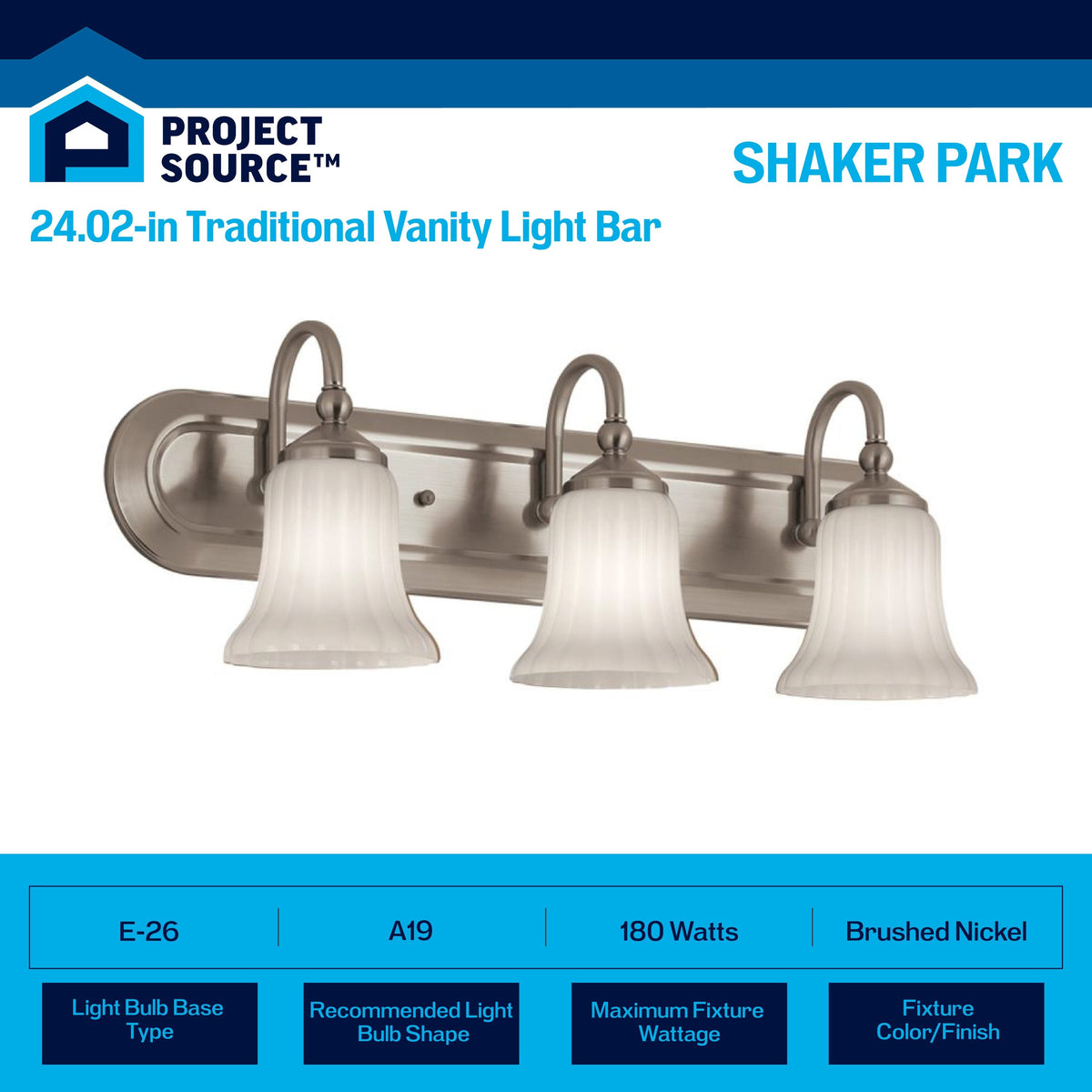 Portfolio Shaker Park 24.02-in 3-Light Brushed Nickel Traditional Vanity Light Bar