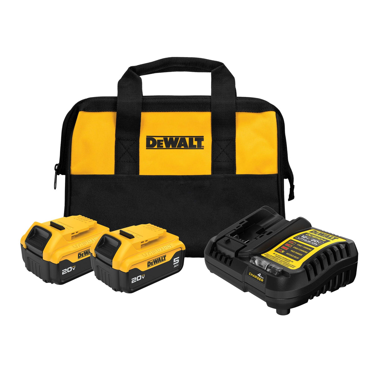 DEWALT XR 20-Volt MAX 2-Pack 5.0Ah Lithium-Ion Battery Kit with Charger and Soft Bag (DCB205-2CK)