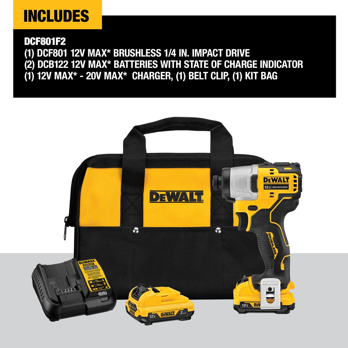 DEWALT XTREME 12-Volt MAX 1/4-in Variable Speed Brushless Cordless Impact Driver Kit, DCF801F2 (2 Batteries, Charger, Bag)