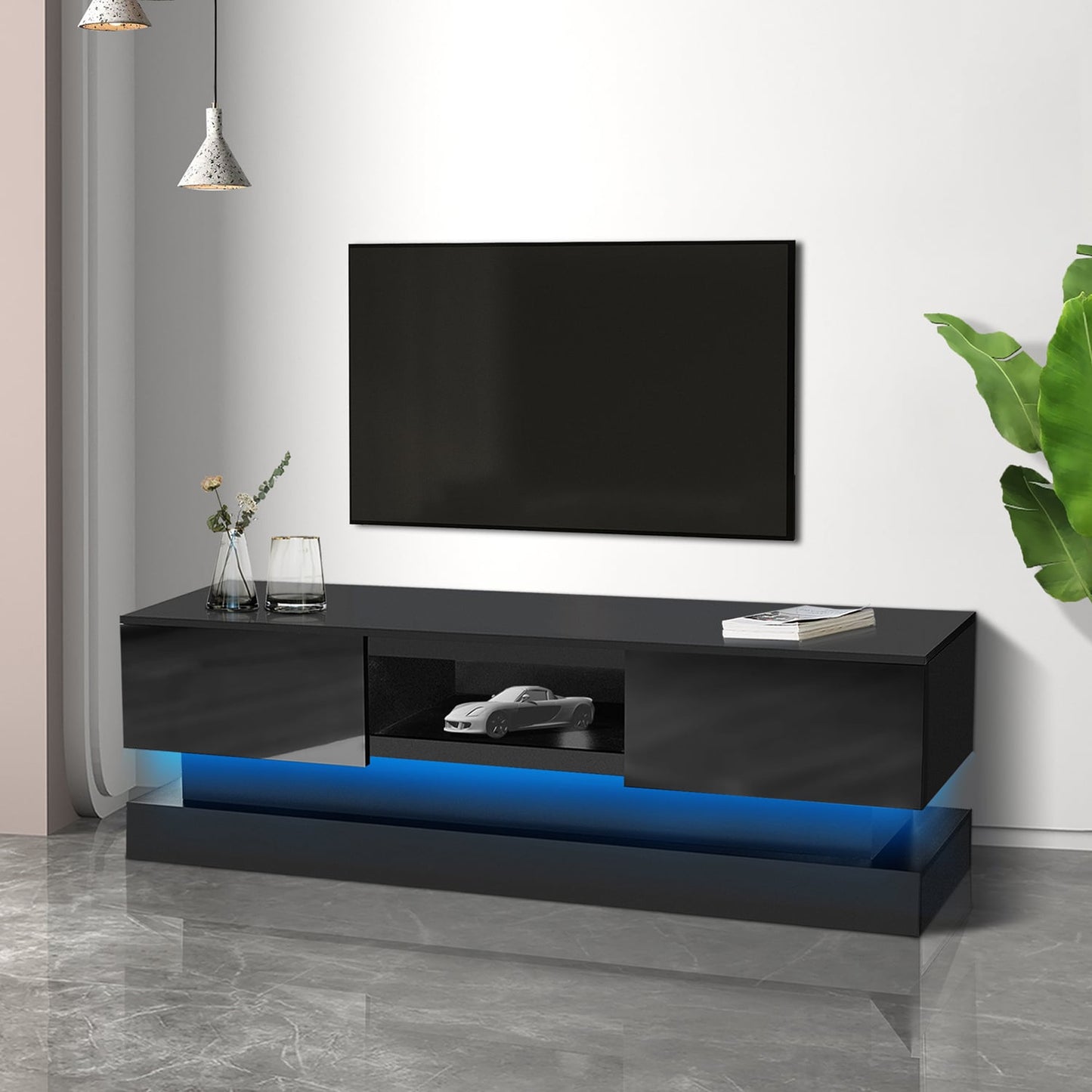 GZMR Black morden TV Stand with LED Lights Modern/Contemporary Black Tv Cabinet (Accommodates TVs up to 55-in)