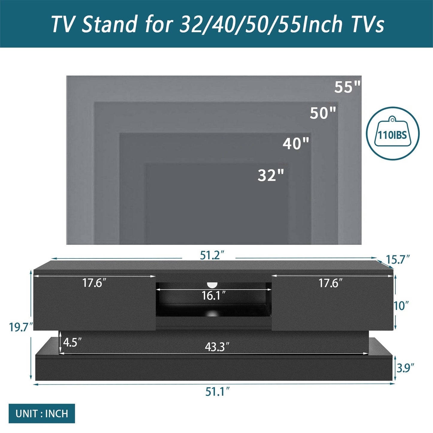 GZMR Black morden TV Stand with LED Lights Modern/Contemporary Black Tv Cabinet (Accommodates TVs up to 55-in)
