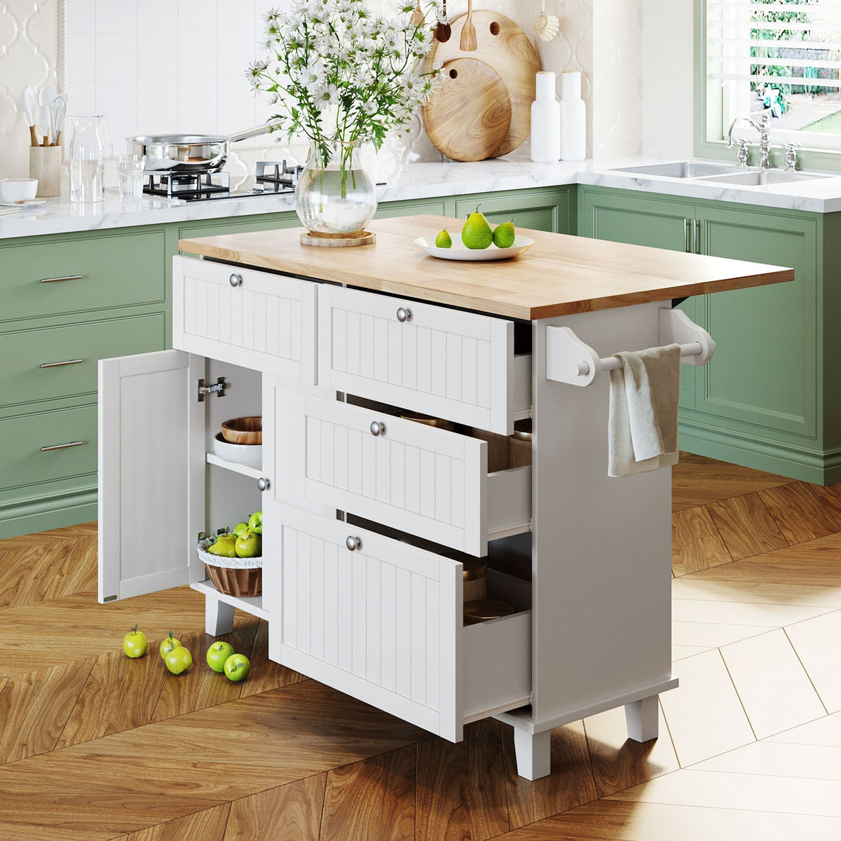 BABOOM White Wood Base with Wood Top Kitchen Island (29.5-in x 50.3-in x 36.6-in)
