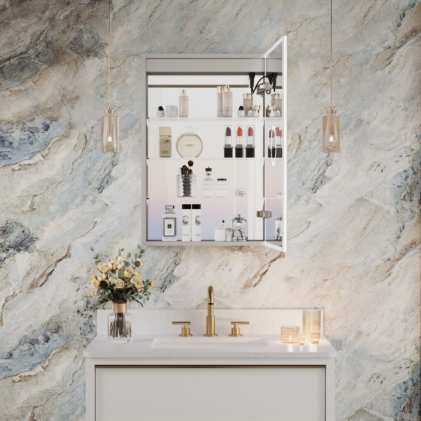 Forclover 20-in x 30-in Lighted LED Fog Free Surface/Recessed Mount Silver Mirrored Soft Close Medicine Cabinet with Outlet