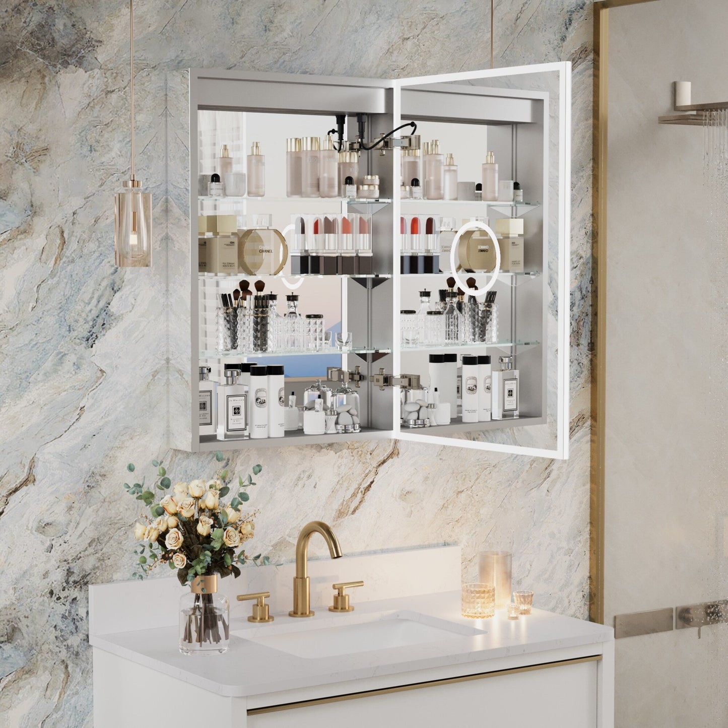 Forclover 20-in x 30-in Lighted LED Fog Free Surface/Recessed Mount Silver Mirrored Soft Close Medicine Cabinet with Outlet