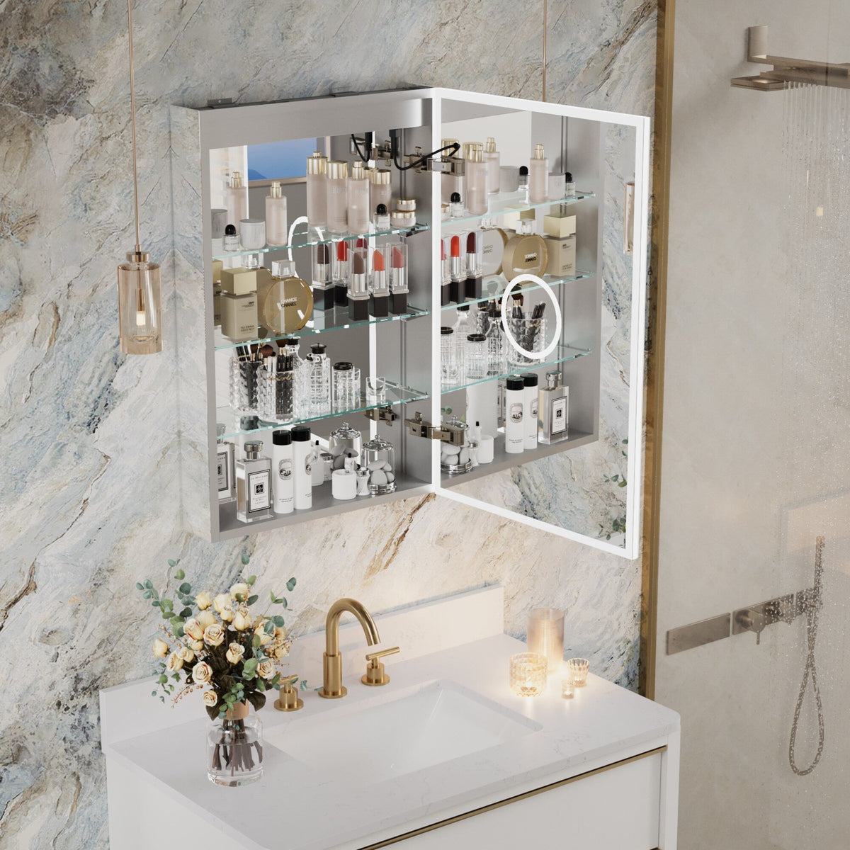 Forclover 20-in x 30-in Lighted LED Fog Free Surface/Recessed Mount Silver Mirrored Soft Close Medicine Cabinet with Outlet