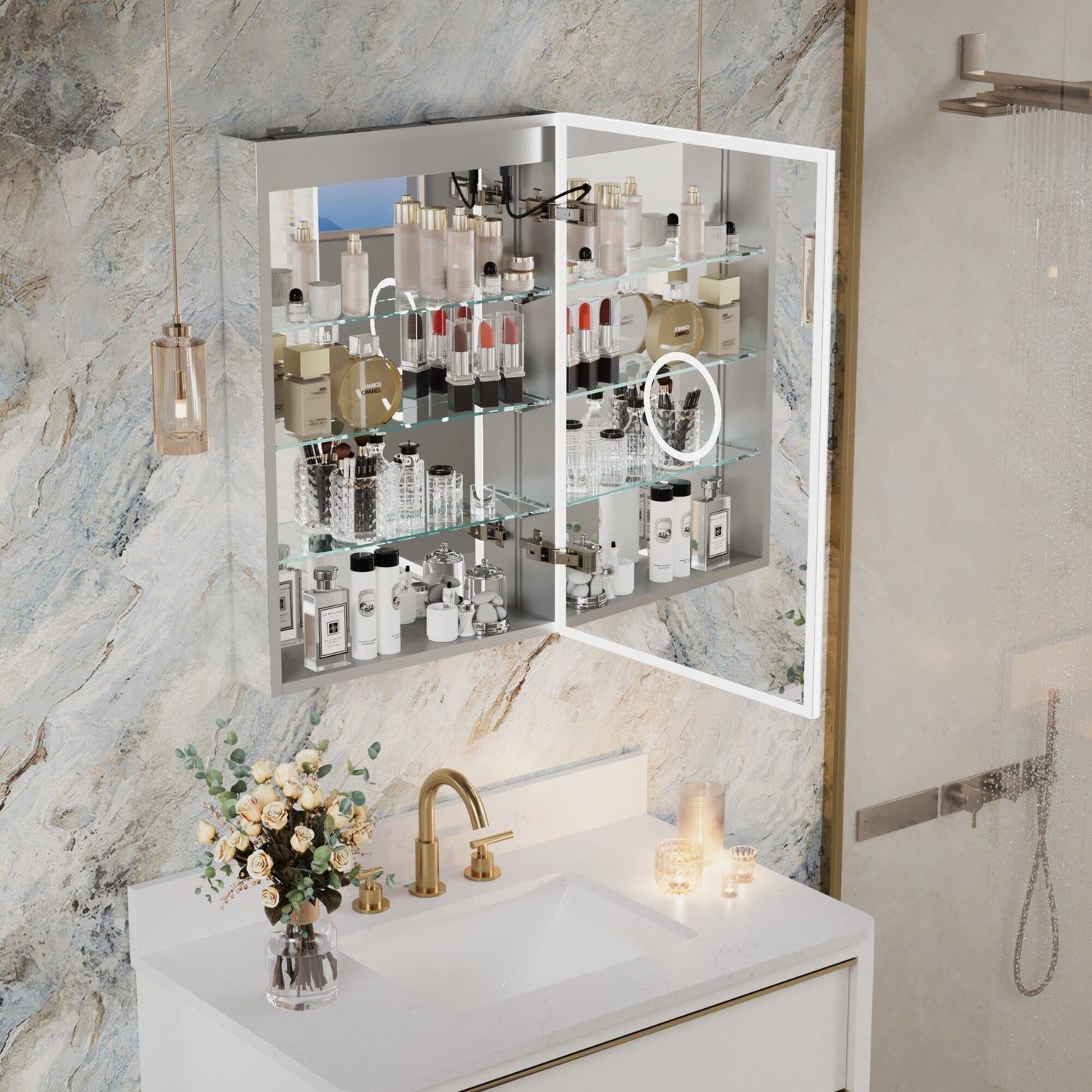 Forclover 20-in x 30-in Lighted LED Fog Free Surface/Recessed Mount Silver Mirrored Soft Close Medicine Cabinet with Outlet