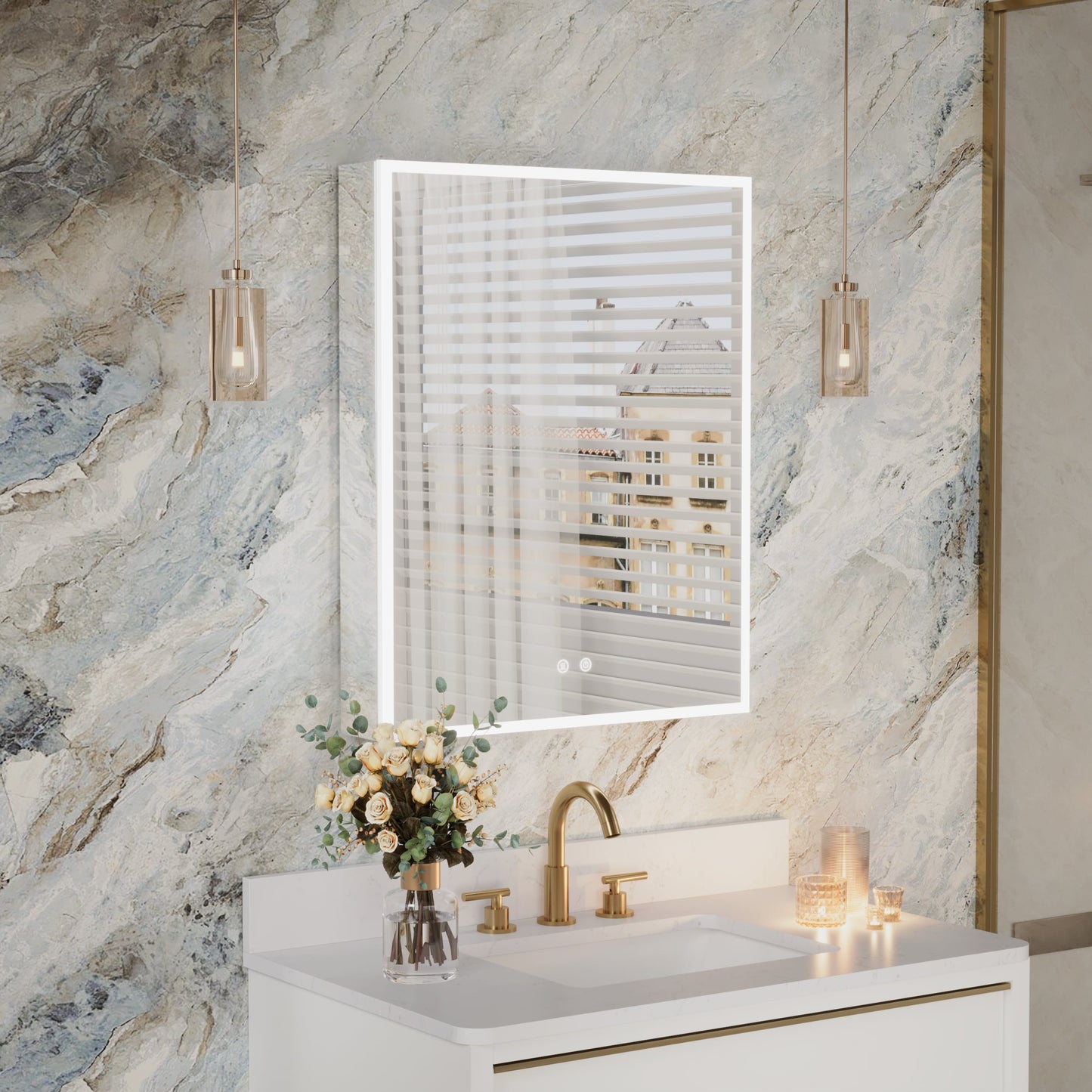 Forclover 24-in x 30-in Lighted LED Fog Free Surface/Recessed Mount Silver Mirrored Soft Close Medicine Cabinet with Outlet