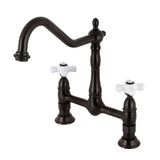 Elements of Design Oil-Rubbed Bronze 2-Handle Deck-Mount Bridge Kitchen Faucet with Porcelain Cross Handles