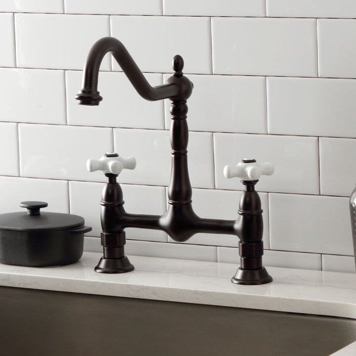 Elements of Design Oil-Rubbed Bronze 2-Handle Deck-Mount Bridge Kitchen Faucet with Porcelain Cross Handles