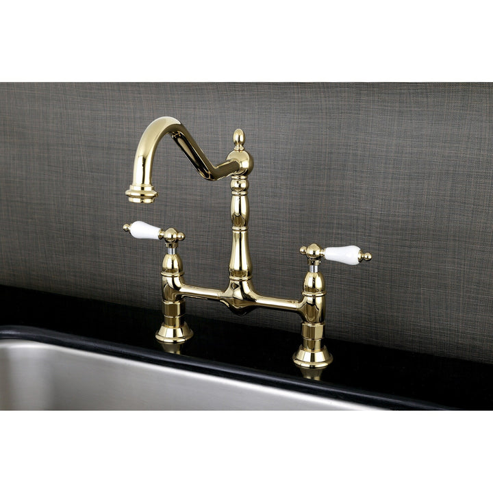 Elements of Design Polished Brass 2-Handle Deck-Mount Bridge Kitchen Faucet with Porcelain Lever Handles