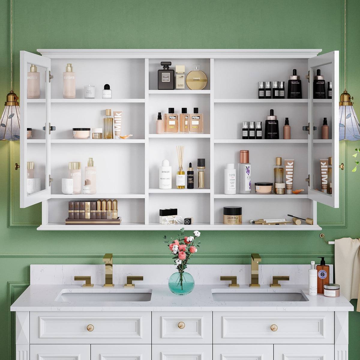 WELLFOR V1 Solid Wood 55-in x 35-in Surface Mount White Mirrored Soft Close Medicine Cabinet