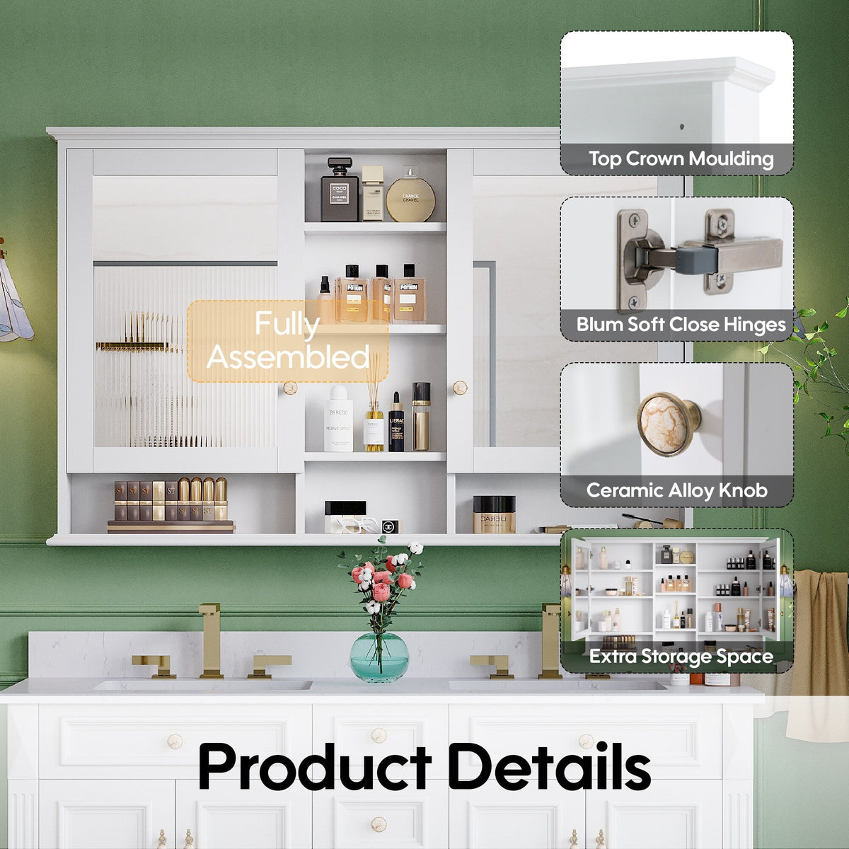 WELLFOR V1 Solid Wood 55-in x 35-in Surface Mount White Mirrored Soft Close Medicine Cabinet