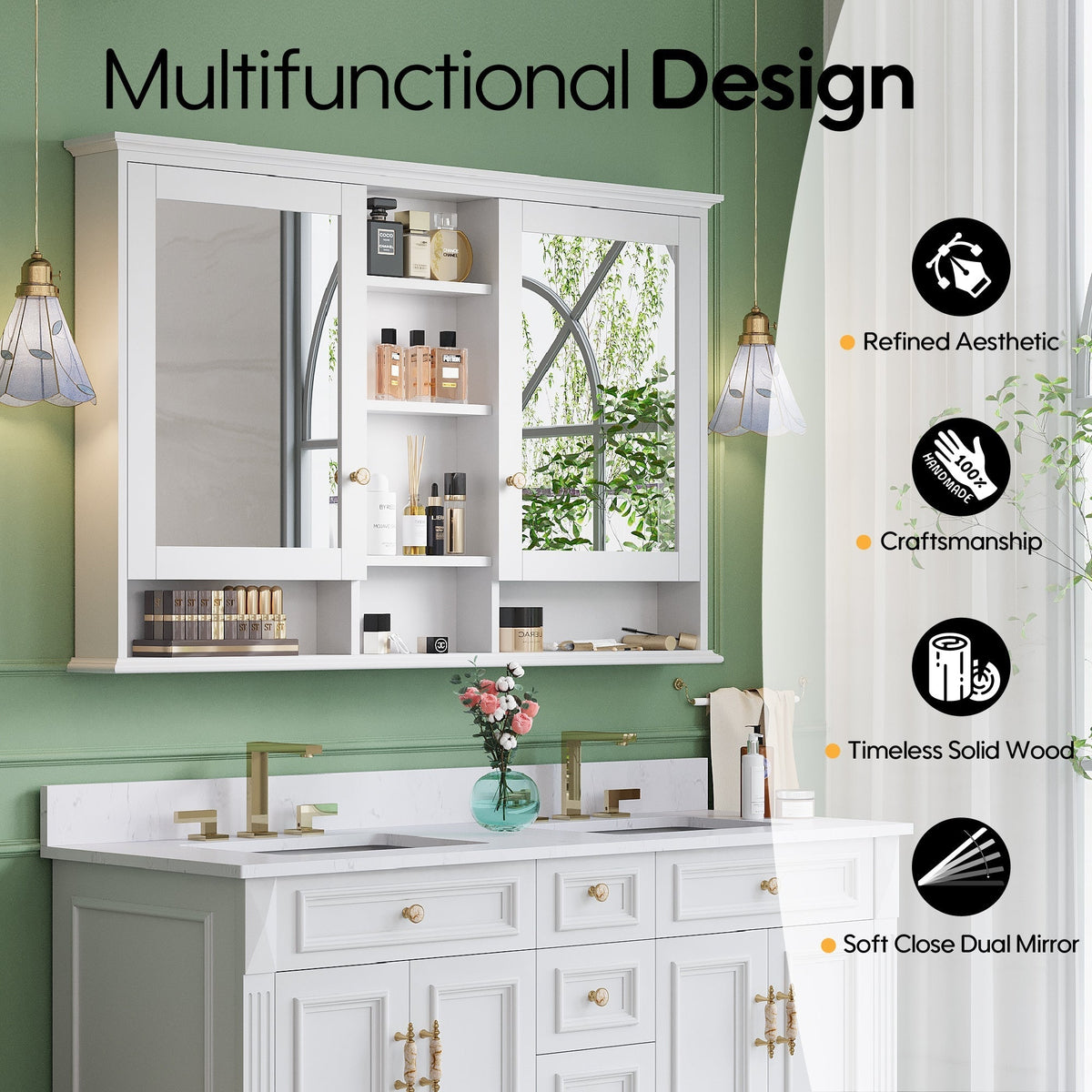 WELLFOR V1 Solid Wood 55-in x 35-in Surface Mount White Mirrored Soft Close Medicine Cabinet