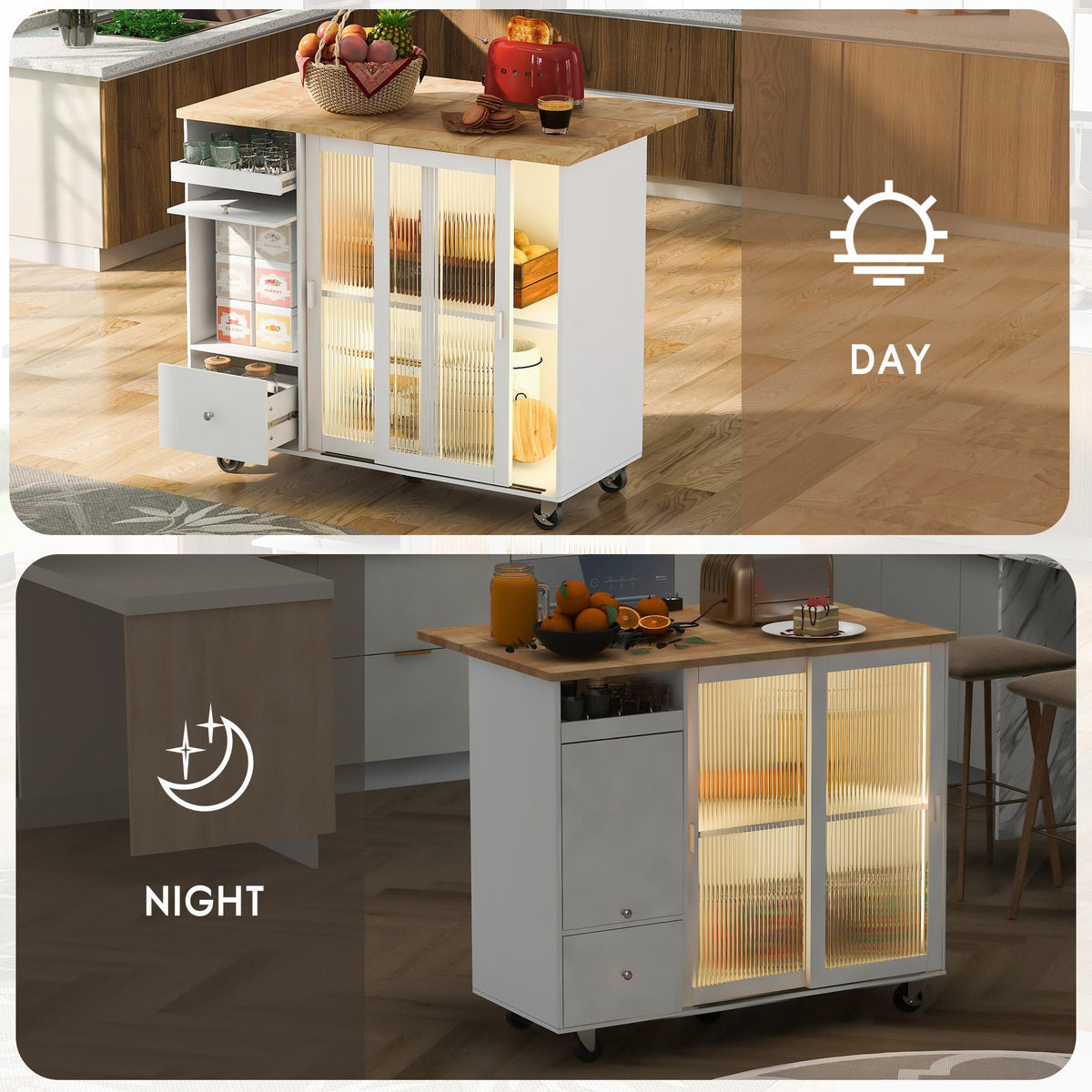Bayfeve White Kitchen Island with Drop Leaf, LED Light Kitchen Cart on Wheels with 2 Fluted Glass Doors and 1 Flip Cabinet Door, Large Kitchen Island Cart with an Adjustable Shelf and 2 Drawers