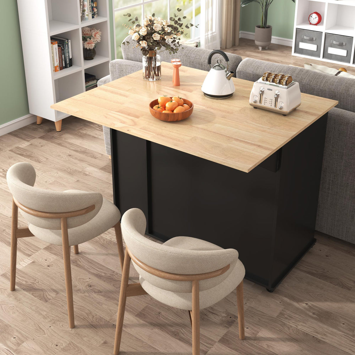 Bayfeve Kitchen Island with Drop Leaf, Kitchen Storage Cart with 3 Tier Pull Out Cabinet Organizer, Internal Storage Rack, Rolling Kitchen Cart on Wheels with Towel Rack, 2 Drawers, for Kitchen, Black
